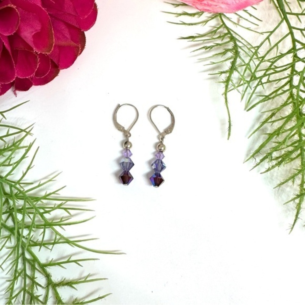 VINTAGE⚜️STERLING SILVER Lavender Crystal Beaded Earrings